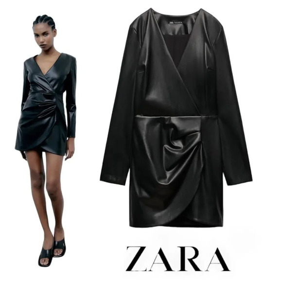 ZARA | Black | FAUX LEATHER DRAPED DRESS - Picture 1 of 10